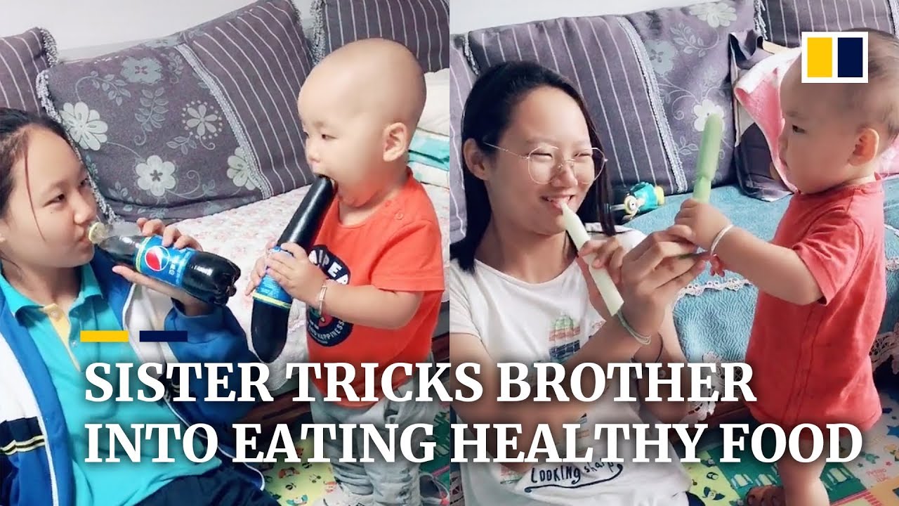 Sister tricks younger brother into eating healthy food in China